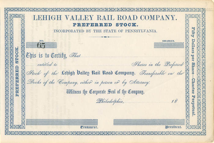 Lehigh Valley Railroad Co. - Unissued Stock Certificate